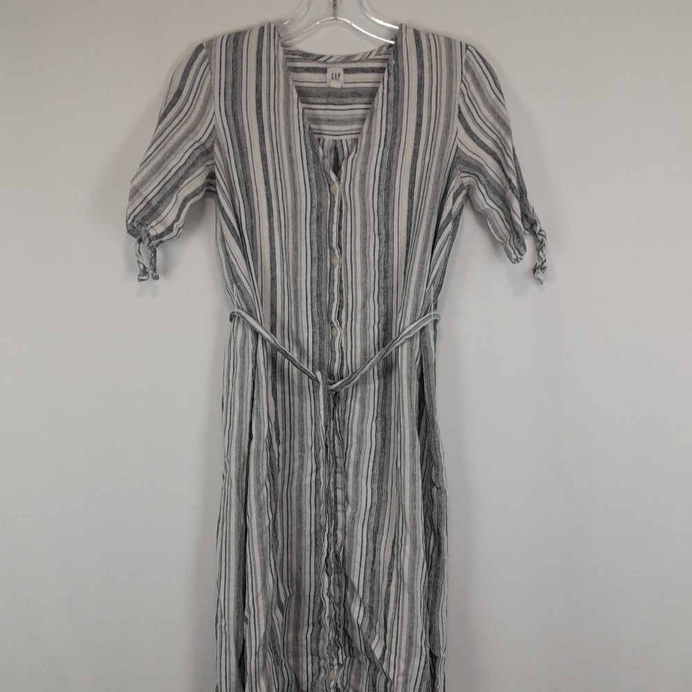 Gap Vertical Striped Tan Gray Linen Short Sleeve Long Dress
